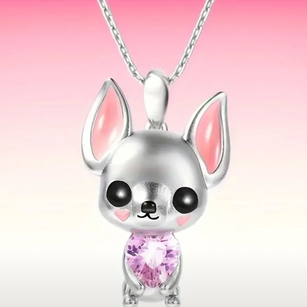 Silver Chihuahua Pendant Necklace with Pink Accents - Picture 3 of 4